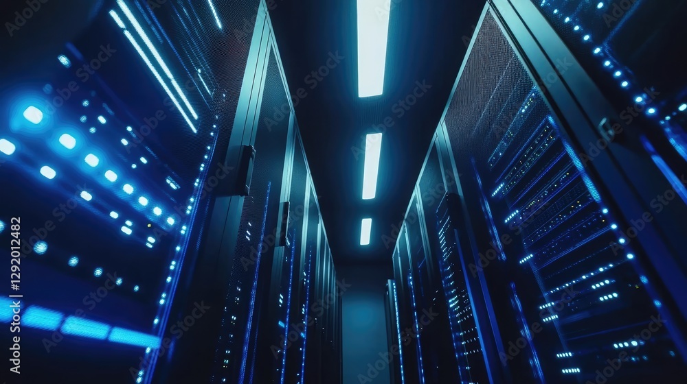 Poster Close-up view of illuminated server racks in a high-tech data center, symbolizing cloud computing, cybersecurity, and IT infrastructure. Ideal for digital security, networking, data storage concepts