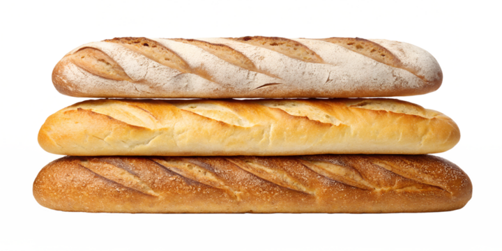Baguette bread group stack on white, rustic baguette stack on white surface, Cut Out