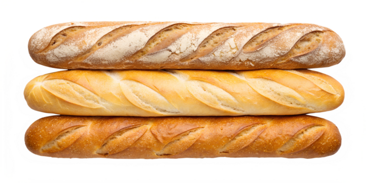 Baguette bread group stack on white, rustic baguette stack on white surface, Cut Out