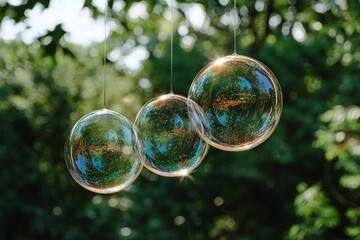 Des bulles de savon l&eacute;g&egrave;res flottent dans un environnement naturel avec des fonds verts et un bokeh