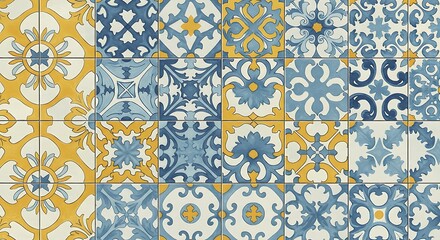 Mediterranean Tile Pattern Design Blue Yellow Decorative Tiles Wallpaper
