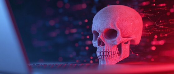 skull in front of laptop, hacker concept