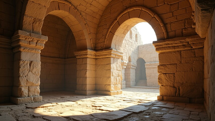 Fototapeta premium stone archway, ancient building, sunlit portal entrance