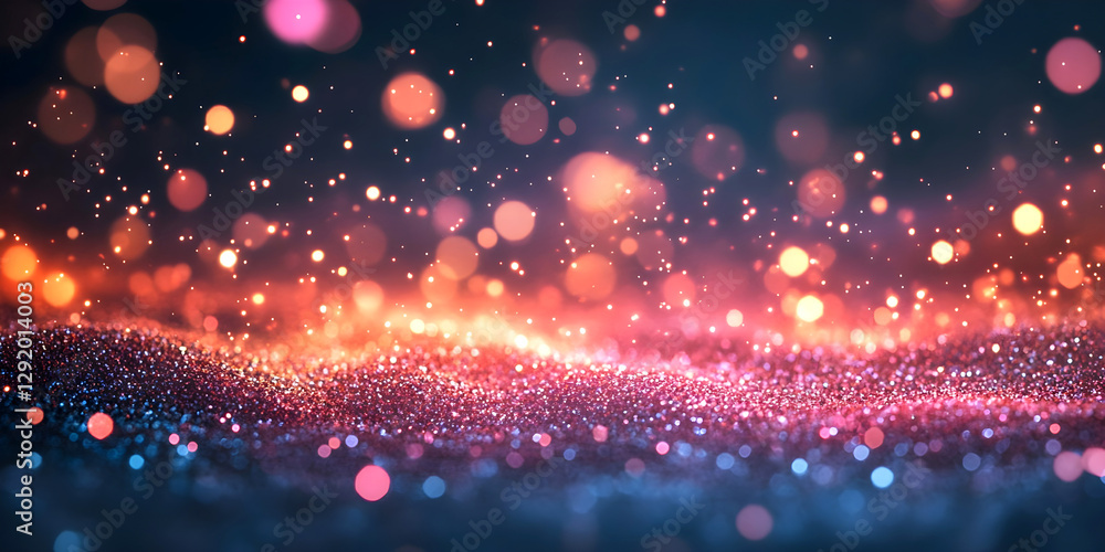 Poster mesmerizing abstract scene of sparkling glitter and glowing bokeh lights in warm and cool tones, cre