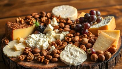 Fototapeta premium Artisan Cheese and Nut Platter: A rustic wooden platter showcasing an artful arrangement of diverse artisan cheeses, nuts, and fresh grapes.