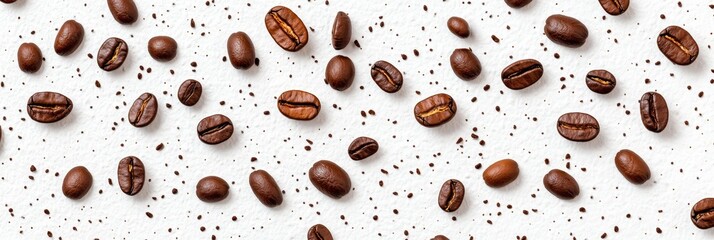 Obraz premium Roasted Coffee Beans Close Up - Aromatic, dark roasted coffee beans scattered on a white background. Symbolizing energy, warmth, morning ritual, rich flavor, and invigorating aroma
