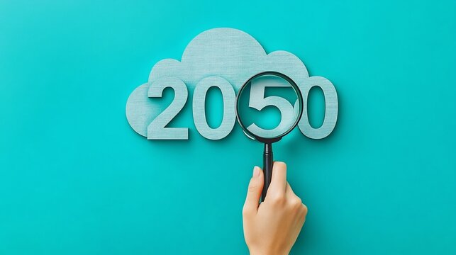 Hand examines 2050 cloud future vision on teal