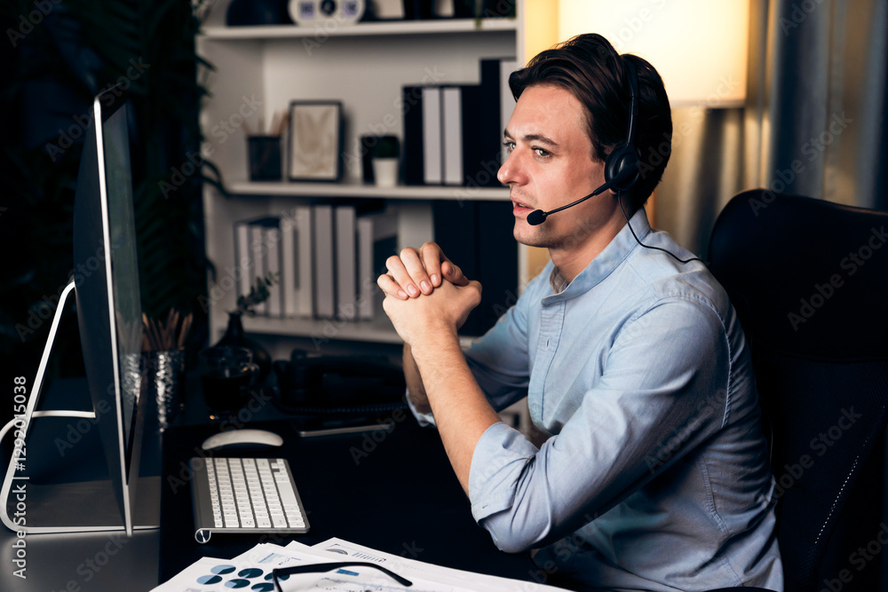 Poster call center consulting with customers on headphones on monitor in business paragraph with typing on 
