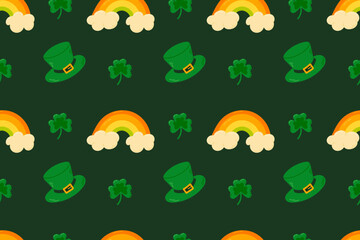 A festive pattern featuring leprechaun hats, rainbows, and shamrocks on a dark green background. Perfect for St. Patrick’s Day decor, wallpapers, and digital projects.