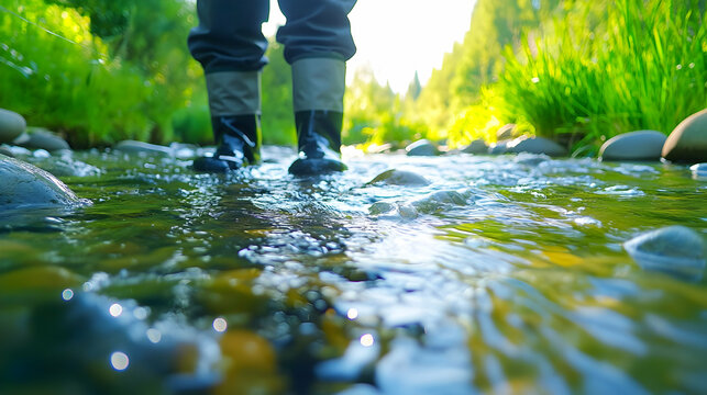 Booted feet wade through a tranquil stream, reflecting sunlight and vibrant nature - Powered by Adobe