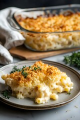 Golden Baked Mac and Cheese with Crispy Topping, Served on a Plate