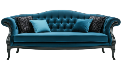 Elegant blue velvet sofa modern living room furniture showcase stylish interior front view home decor concept