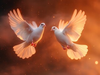 Obraz premium Two white doves flying on an orange-red background