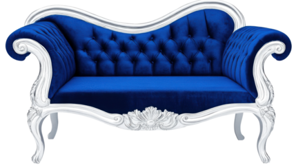 Elegant blue velvet sofa with intricate silver detailing in modern living space