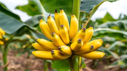 Ripe Bananas Clustered on Plant in Lush Field Background