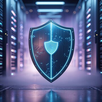 A digital shield symbolizing cyber security stands prominently in a modern data center filled with glowing servers. This representation emphasizes the importance of data protection and online safety