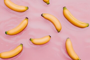 Ripe bananas floating in pink liquid, studio background, used for food or wellness