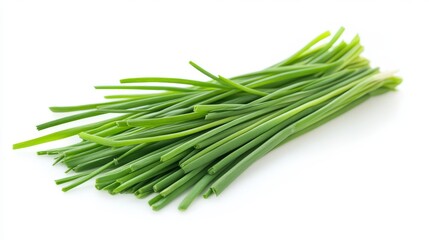 Fototapeta premium Fresh Chinese Chive leaves, isolated on a white background. Perfect for food-related content, website, or social media.