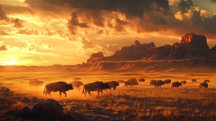 Golden plains at sunset with a herd of buffalos running across the land. Dramatic sky with rocky outcrops in the background. Great for design projects.