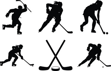 Obraz premium Collection of hockey player silhouette clipart bundle, isolated on white background. graphic vector illustration.