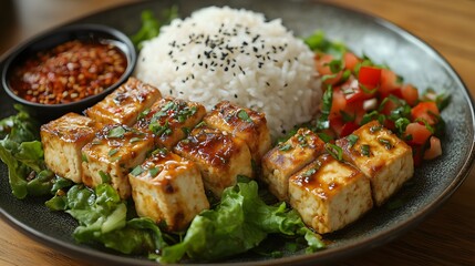 Colorful Bowl of Rice and Vegetables with Tofu in Teriyaki Sauce