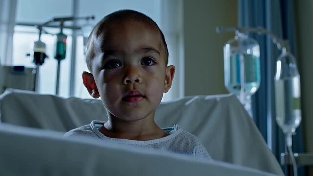 A young child with leukemia sits in a hospital bed, surrounded by IV drips and medical equipment in the hospital, gazing with hope.