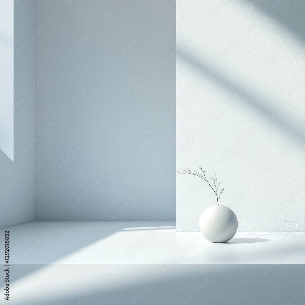 Poster minimalist composition showcasing a single white vase with a delicate branch in a bright, airy inter