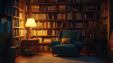 Cozy reading nook in a dimly lit library at night