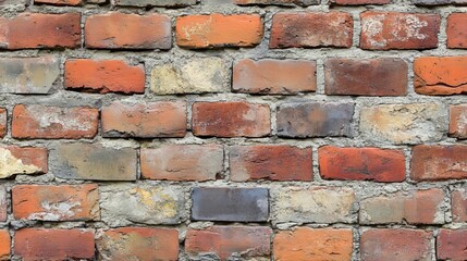Fototapeta premium Vertical brick wall with various tiles as facade. Red brick wall backdrop. Texture of brick wall in background. Background texture of rugged brick wall.