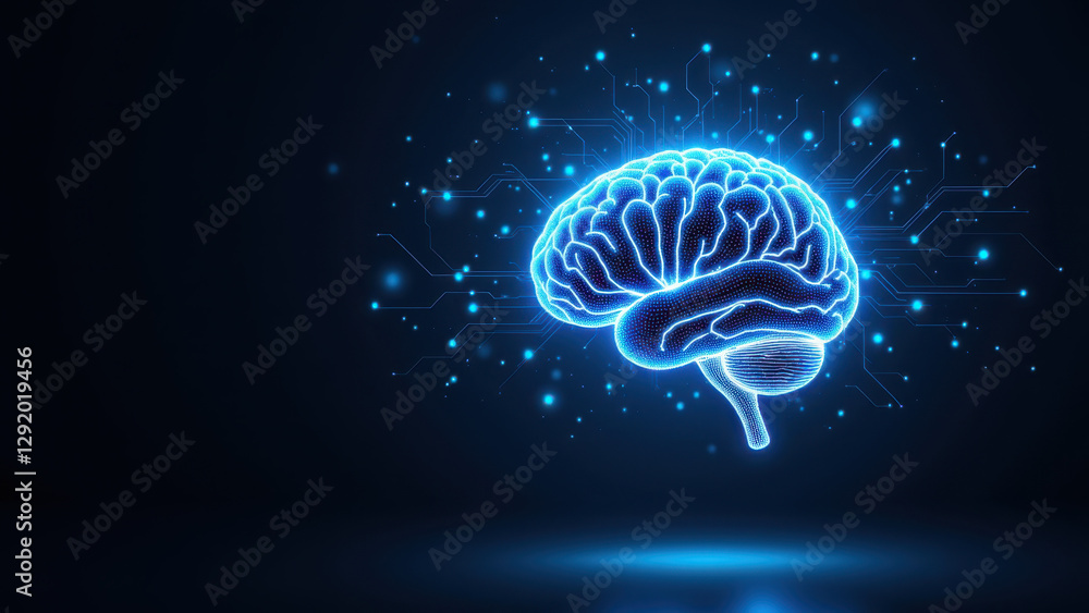 Poster an artistic representation of artificial general intelligence (agi) with a glowing human brain at it