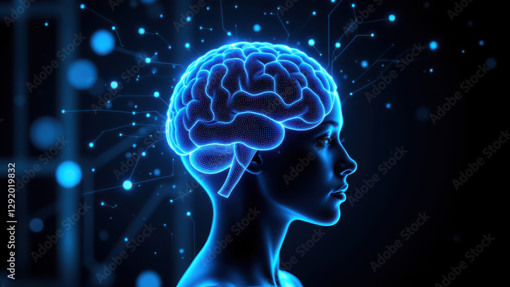 Poster a visual metaphor for artificial general intelligence, with a human head surrounded by digital neuro