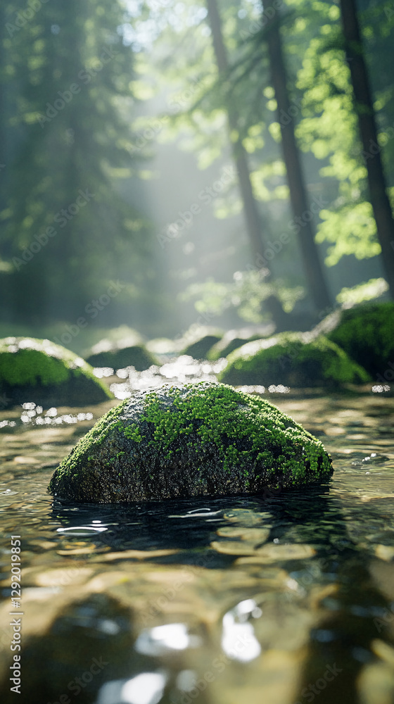 Poster a close-up view of a moss-covered rock in a forest stream, with sunlight streaming through trees, sy