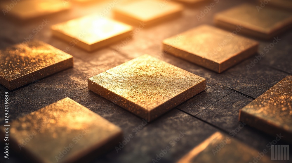 Poster close up of a gold square on a dark background with a photo displayed alongside it