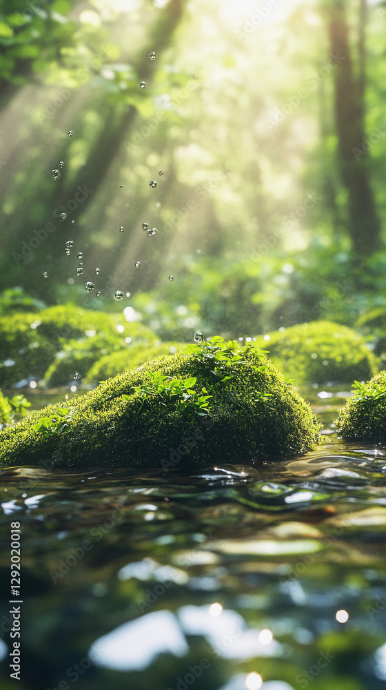 Poster A close-up view of moss-covered rocks in a forest stream with sunlight filtering through trees, symbolizing freshness, nature, and the serenity of a peaceful woodland environment.