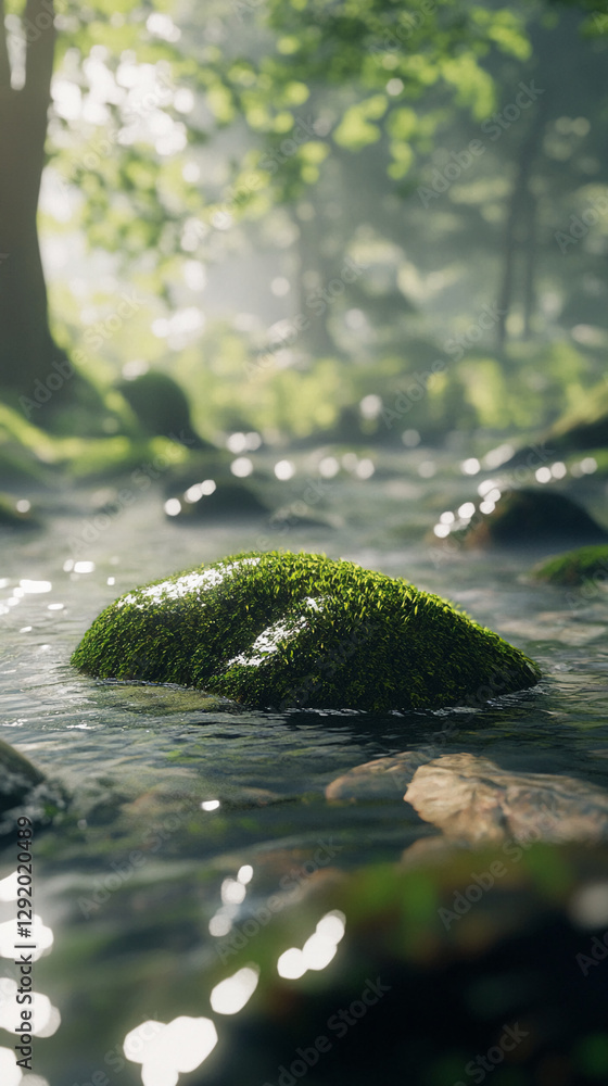 Poster A moss-covered rock surrounded by clear water, with soft light filtering through the trees in a forest stream, creating a peaceful, serene atmosphere in nature.