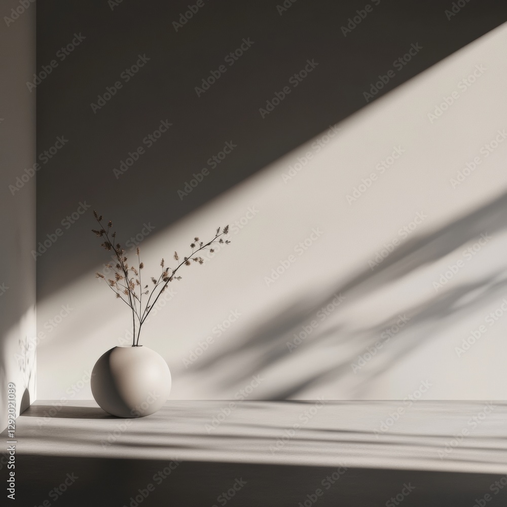 Leinwandbilder Artistic composition featuring a minimalist vase with dried branches cast in shadows on a neutral wall. Generative AI