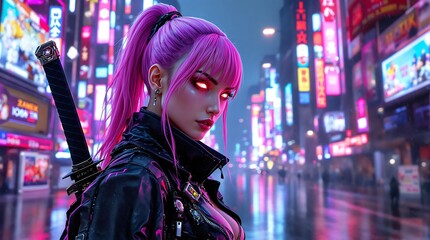 Pink-Haired Cyberpunk Girl with Katana, Futuristic Neon Warrior. assassin character anime style background wallpaper