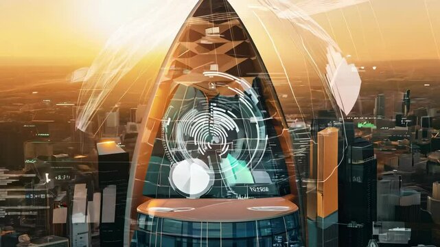 A sleek futuristic skyscraper with a digital interface and data analysis visualizations, set against a sunset cityscape.
