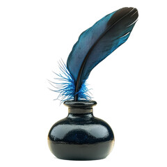Elegant feather pen displaying vibrant blue hues nested in a classic inkwell against a white backdrop, Feather pen into the inkwell isolated