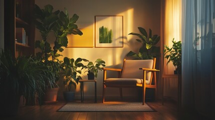 Sunlit living room with potted plants and armchair