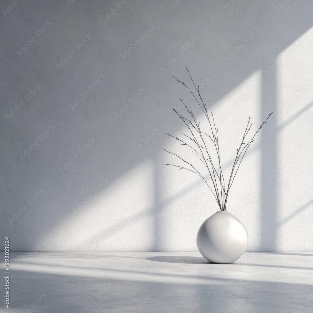 Poster Minimalist interior design featuring a sleek vase with branches in bright natural light. Generative AI