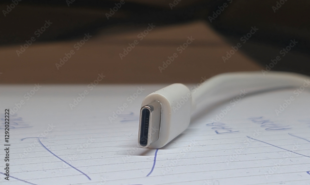 Poster close-up of a usb-c cable connector on a notepad, showcasing modern technology and connectivity opti