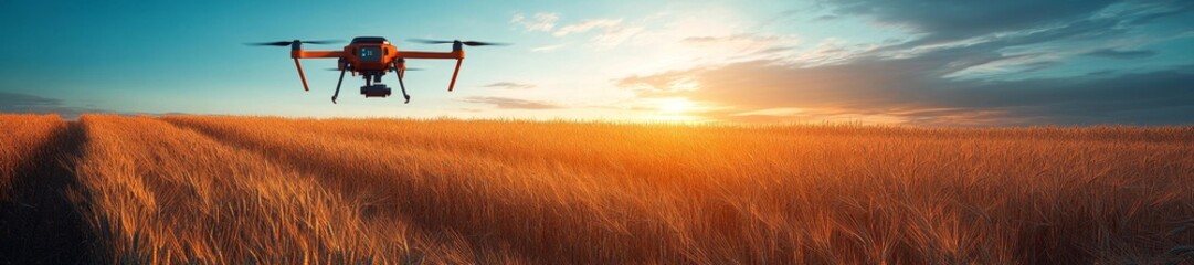 Obraz premium Drone flying over a golden wheat field at sunset in a vast landscape of agricultural land. Generative AI