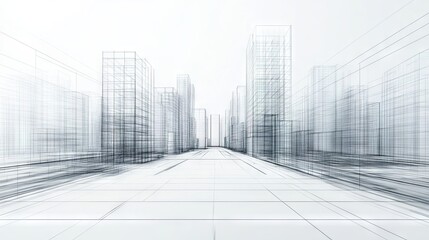 Fototapeta premium An abstract, modern urban landscape line drawing showcasing imaginative architectural building construction from a perspective design