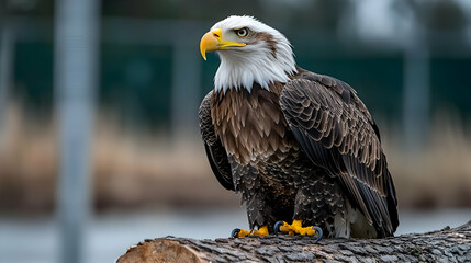 Majestic bald eagle perched on log, park background, wildlife photography