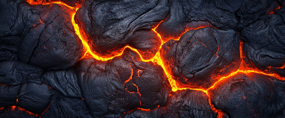 Close-up view of volcanic lava flowing between solidified lava rocks, glowing with fiery orange and red cracks, symbolizing the intense heat and power of a volcanic eruption.
