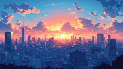 Sunset cityscape view urban landscape digital art evening atmosphere aesthetic perspective serenity concept