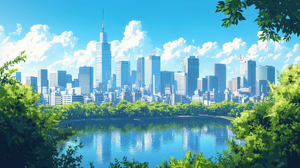 Fototapeta premium Urban skyline reflection tokyo digital art daytime panoramic view cityscape imagery