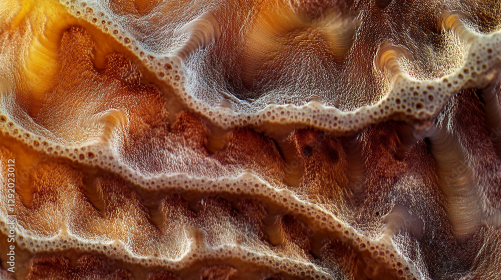 Poster Close-up macro shot of foam and bubbles forming swirling patterns on a surface, showcasing the intricate details of the texture and the dynamic flow of the foam.