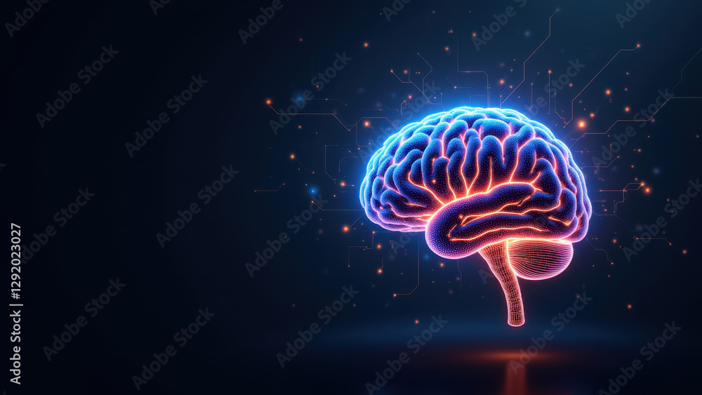 Poster an artistic representation of artificial general intelligence with a glowing brain amidst a digital 